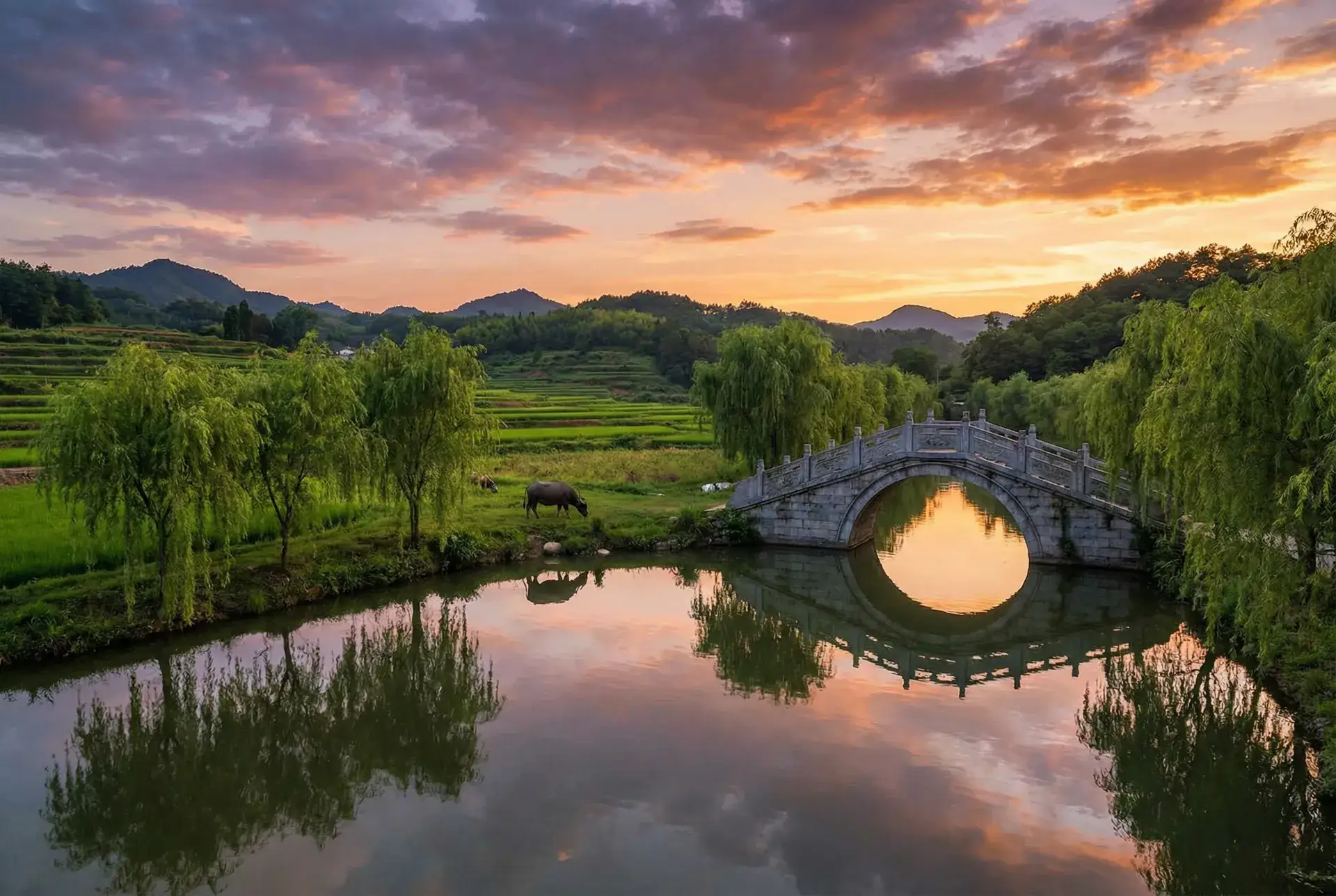 夕阳下的石拱桥与垂柳，水牛在河边吃草 - 咸湿西游记 乡村美景